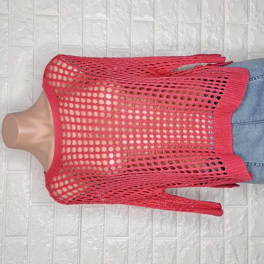 EXPRESS Pink Crochet See Through Short Sweater Top with Drop Should 3/4 Sleeves